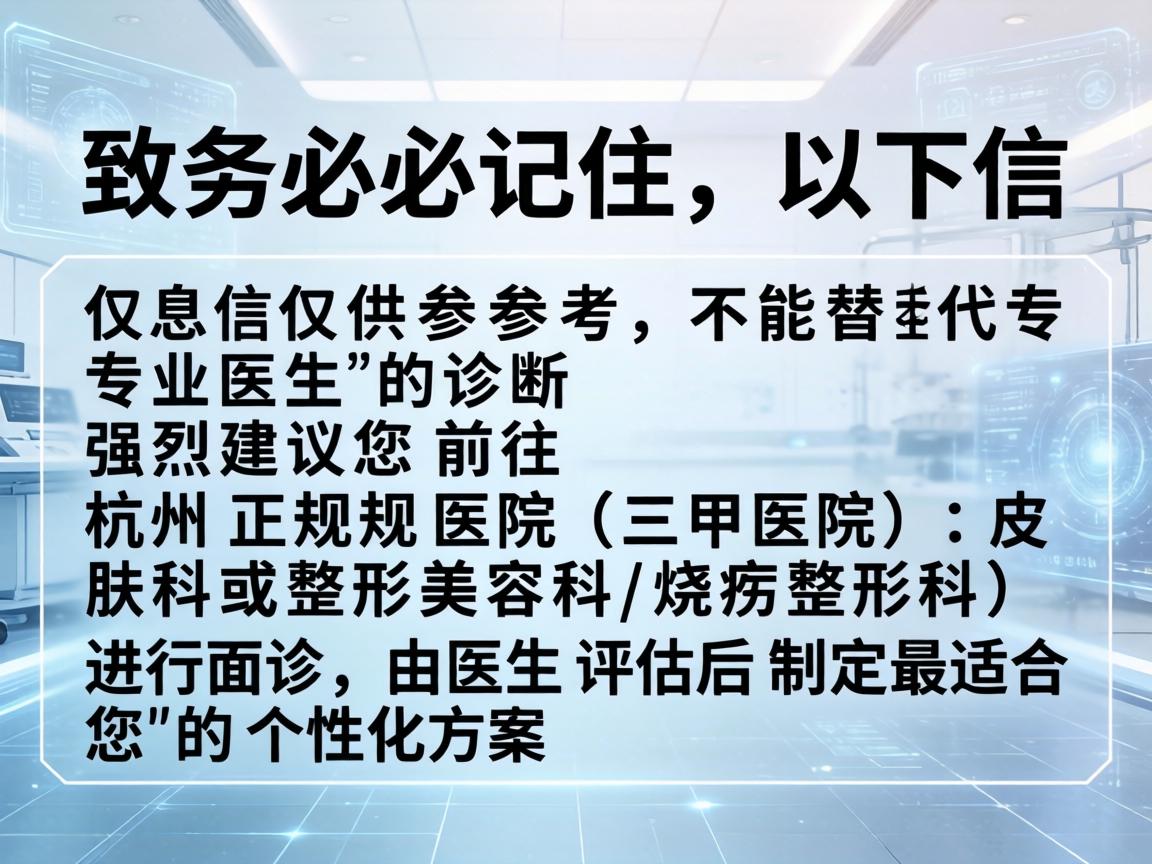 请务必记住,以下信息仅供参考,不能替代专业医生的诊断。强烈建议您前往杭州正规医院(三甲医院的皮肤科或整形美容科/烧伤整形科)进行面诊,由医生评估后制定最适合您的个性化方案 请务必记住,以下信息仅供参考,不能替代专业医生的诊断。强烈建议您前往杭州正规医院(三甲医院的皮肤科或整形美容科/烧伤整形科)进行面诊,由医生评估后制定最适合您的个性化方案