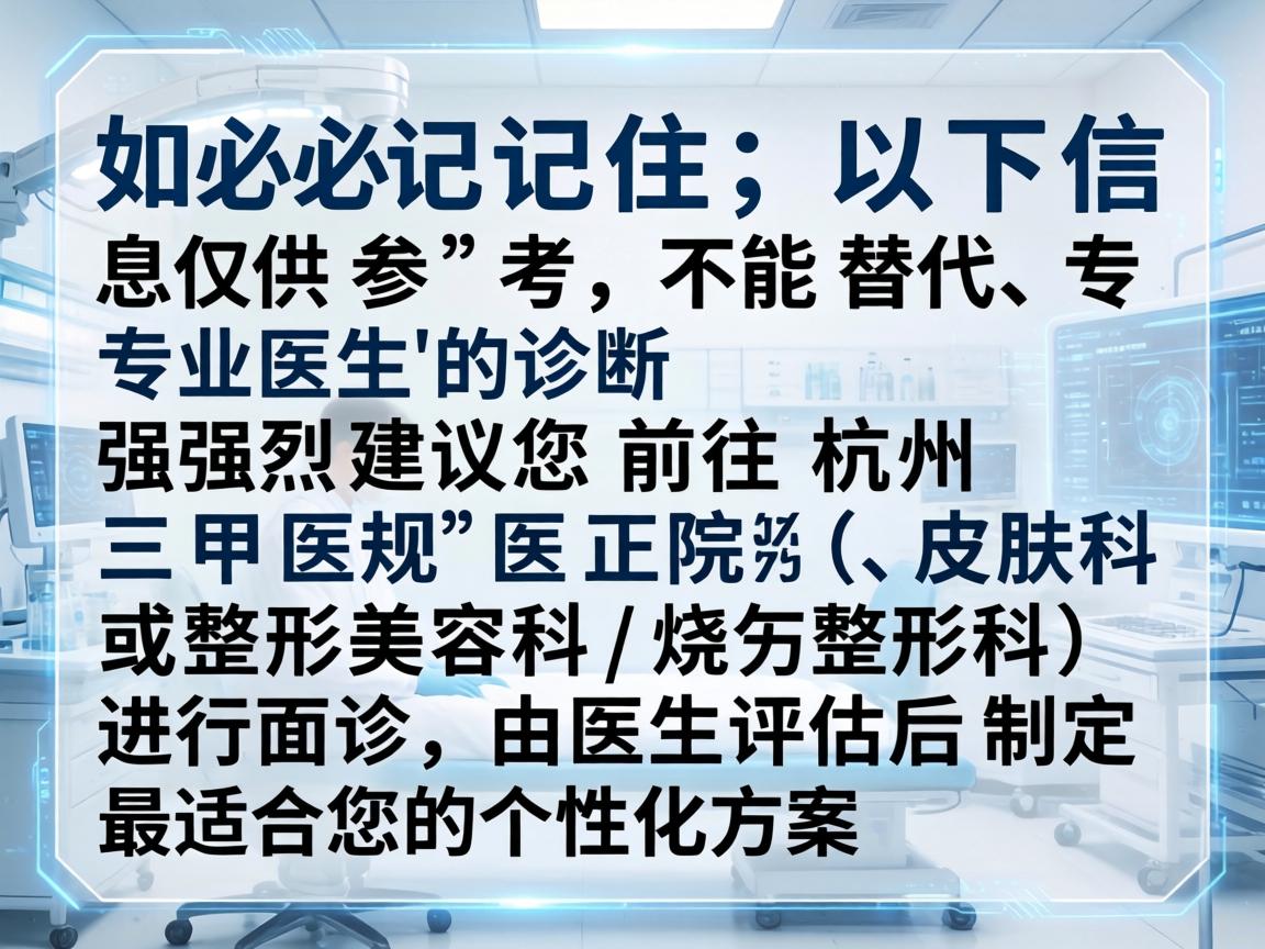 请务必记住,以下信息仅供参考,不能替代专业医生的诊断。强烈建议您前往杭州正规医院(三甲医院的皮肤科或整形美容科/烧伤整形科)进行面诊,由医生评估后制定最适合您的个性化方案 请务必记住,以下信息仅供参考,不能替代专业医生的诊断。强烈建议您前往杭州正规医院(三甲医院的皮肤科或整形美容科/烧伤整形科)进行面诊,由医生评估后制定最适合您的个性化方案