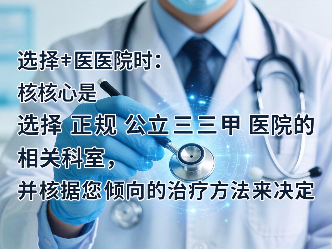 选择医院时,核心是选择正规公立三甲医院的相关科室,并根据您倾向的治疗方法来决定 选择医院时,核心是选择正规公立三甲医院的相关科室,并根据您倾向的治疗方法来决定
