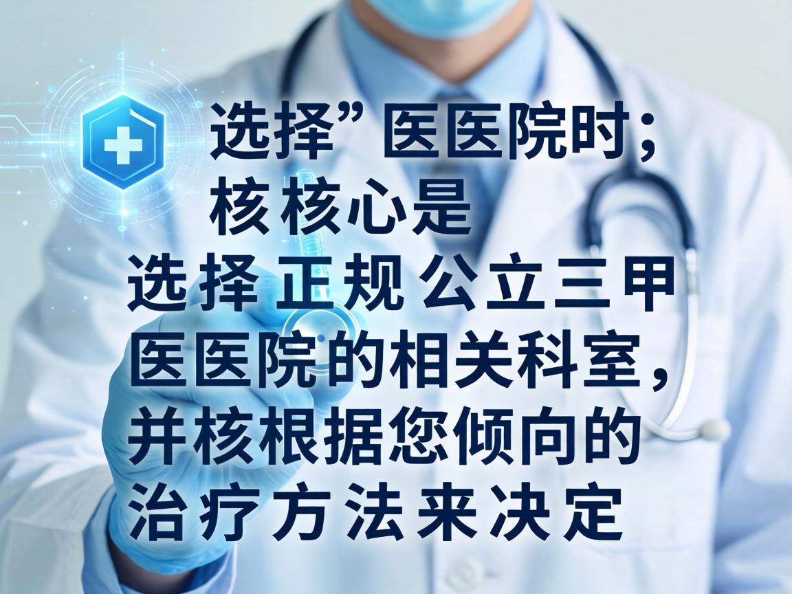 选择医院时,核心是选择正规公立三甲医院的相关科室,并根据您倾向的治疗方法来决定 选择医院时,核心是选择正规公立三甲医院的相关科室,并根据您倾向的治疗方法来决定