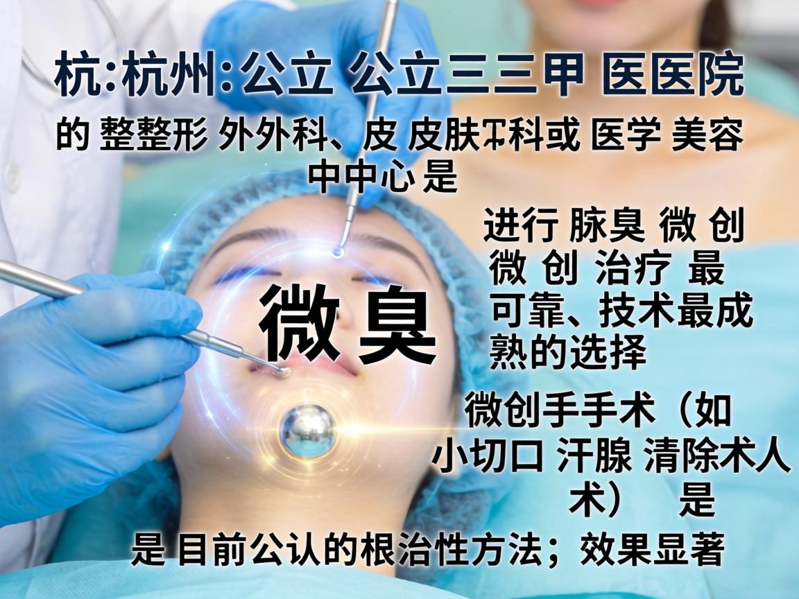 在杭州,公立三甲医院的整形外科、皮肤科或医学美容中心是进行腋臭微创治疗最可靠、技术最成熟的选择。微创手术(如小切口汗腺清除术)是目前公认的根治性方法,效果显著 在杭州,公立三甲医院的整形外科、皮肤科或医学美容中心是进行腋臭微创治疗最可靠、技术最成熟的选择。微创手术(如小切口汗腺清除术)是目前公认的根治性方法,效果显著