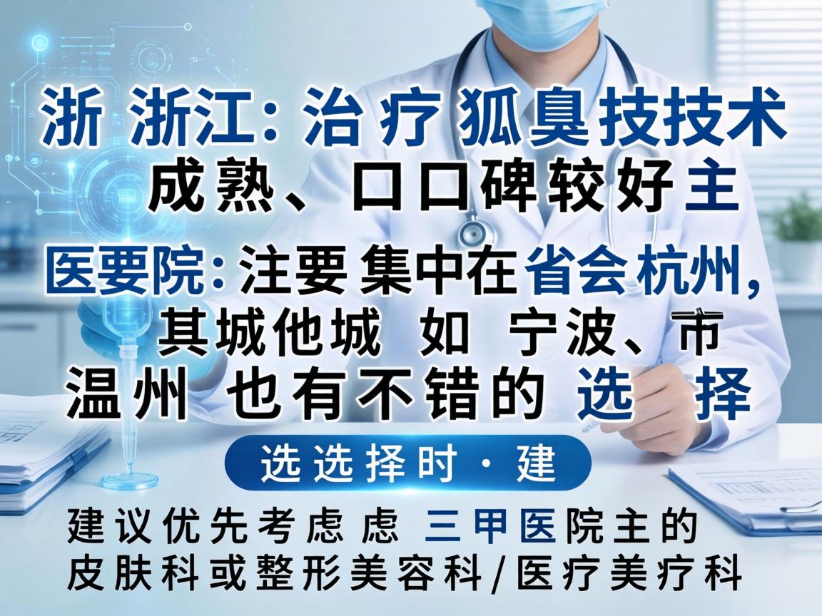 在浙江，治疗狐臭技术成熟、口碑较好的医院主要集中在省会杭州，其他城市如宁波、温州也有不错的选择。选择时，建议优先考虑三甲医院的皮肤科或整形美容科/医疗美容科