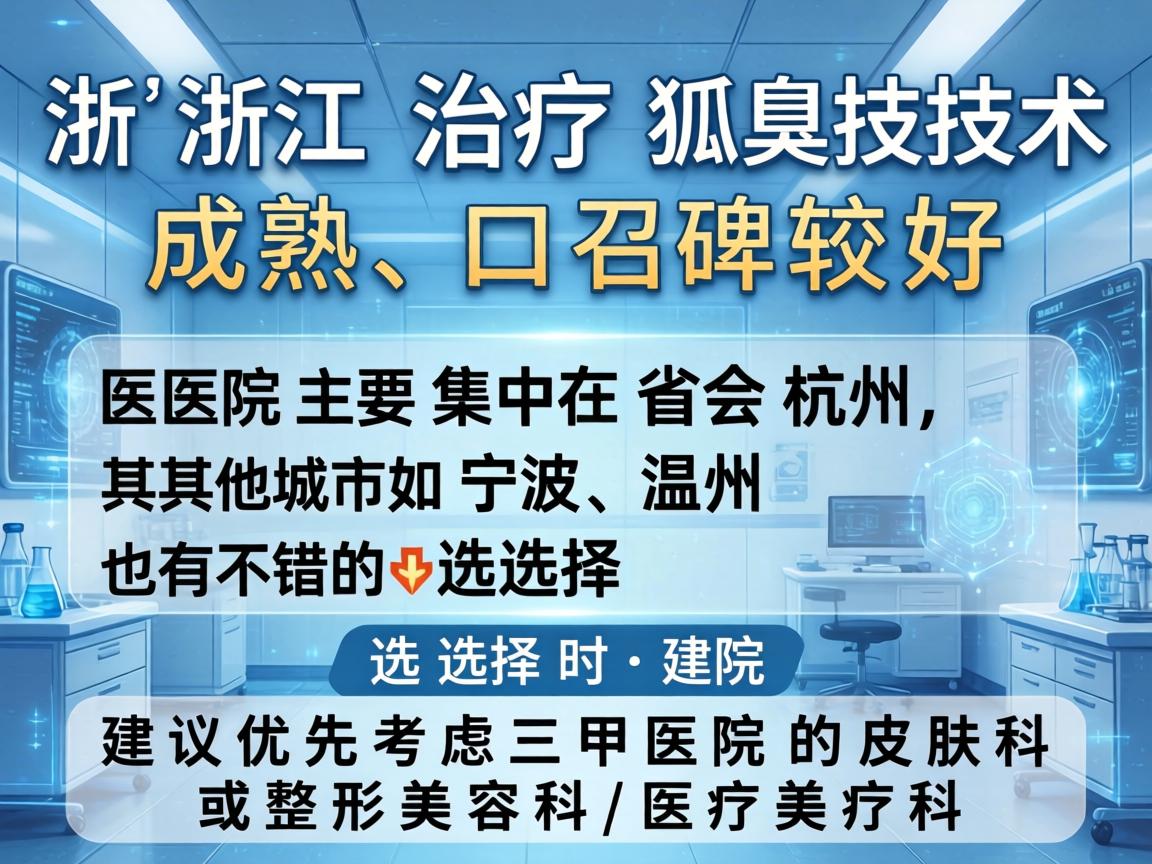 在浙江，治疗狐臭技术成熟、口碑较好的医院主要集中在省会杭州，其他城市如宁波、温州也有不错的选择。选择时，建议优先考虑三甲医院的皮肤科或整形美容科/医疗美容科