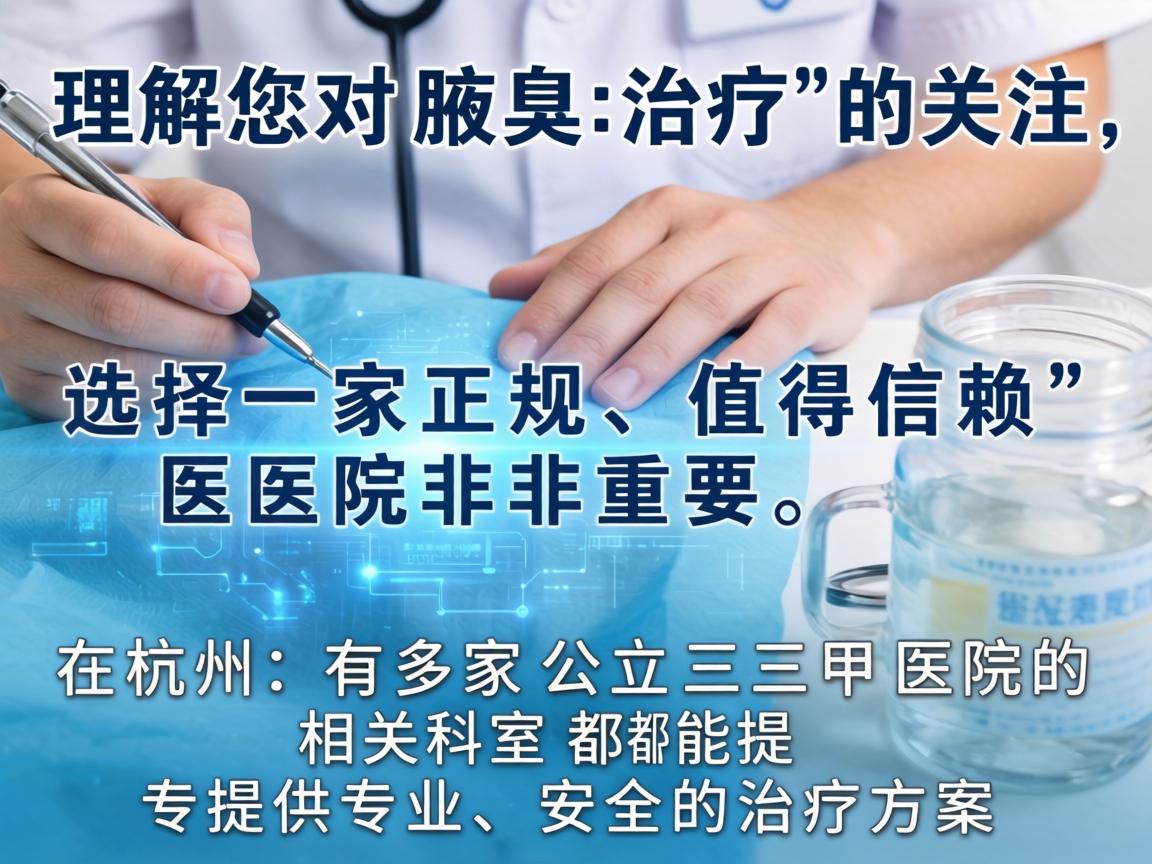 理解您对腋臭治疗的关注,选择一家正规、值得信赖的医院非常重要。在杭州,有多家公立三甲医院的相关科室都能提供专业、安全的治疗方案 理解您对腋臭治疗的关注,选择一家正规、值得信赖的医院非常重要。在杭州,有多家公立三甲医院的相关科室都能提供专业、安全的治疗方案