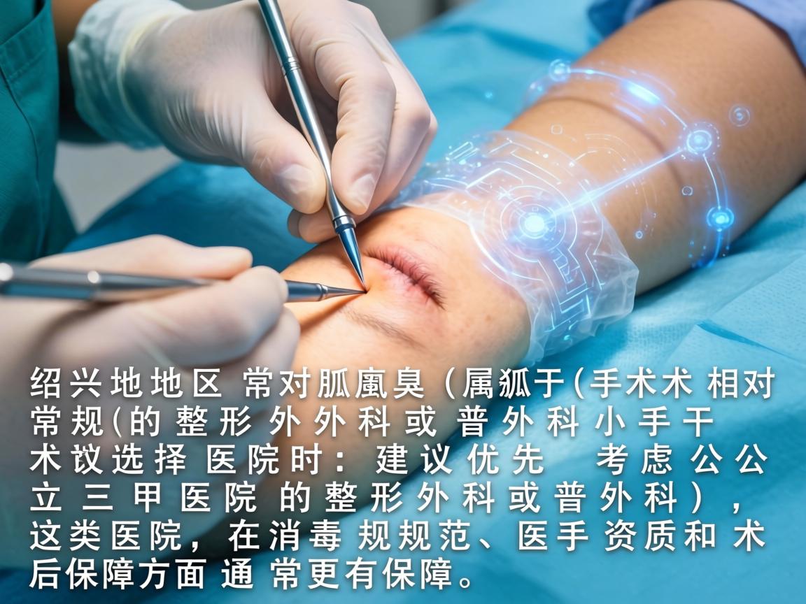 在绍兴地区，腋臭（狐臭）手术属于相对常规的整形外科或普外科小手术。选择医院时，建议优先考虑公立三甲医院的整形外科或普外科，这类医院在消毒规范、医生资质和术后保障方面通常更有保障