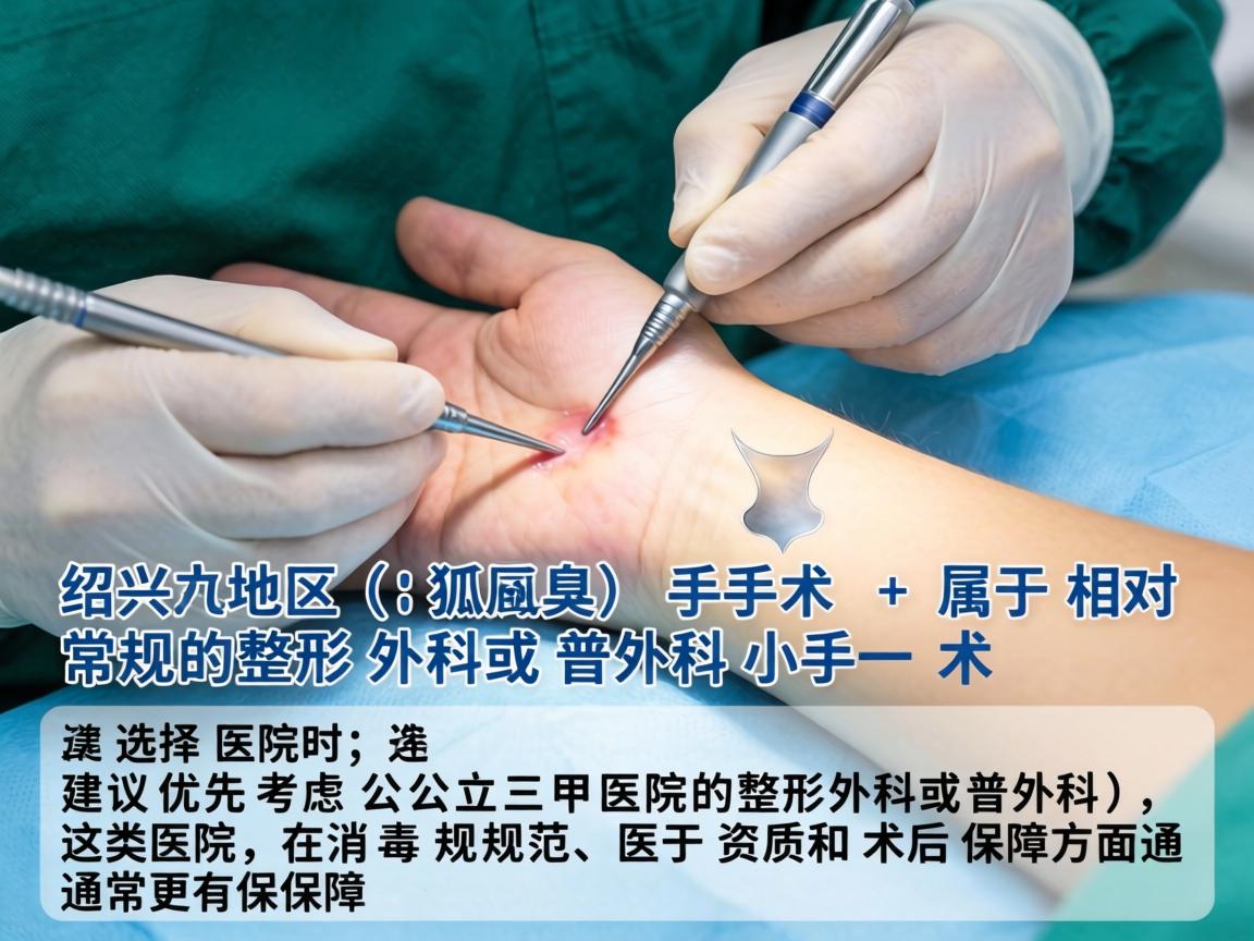 在绍兴地区，腋臭（狐臭）手术属于相对常规的整形外科或普外科小手术。选择医院时，建议优先考虑公立三甲医院的整形外科或普外科，这类医院在消毒规范、医生资质和术后保障方面通常更有保障