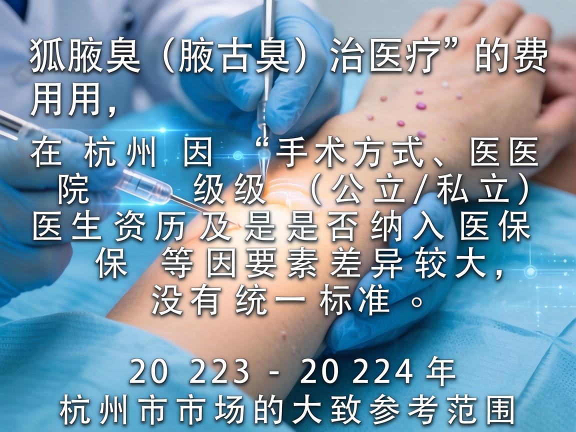 狐臭（腋臭）治疗的费用在杭州因手术方式、医院级别（公立/私立）医生资历及是否纳入医保等因素差异较大，没有统一标准。以下是2023-2024年杭州市场的大致参考范围