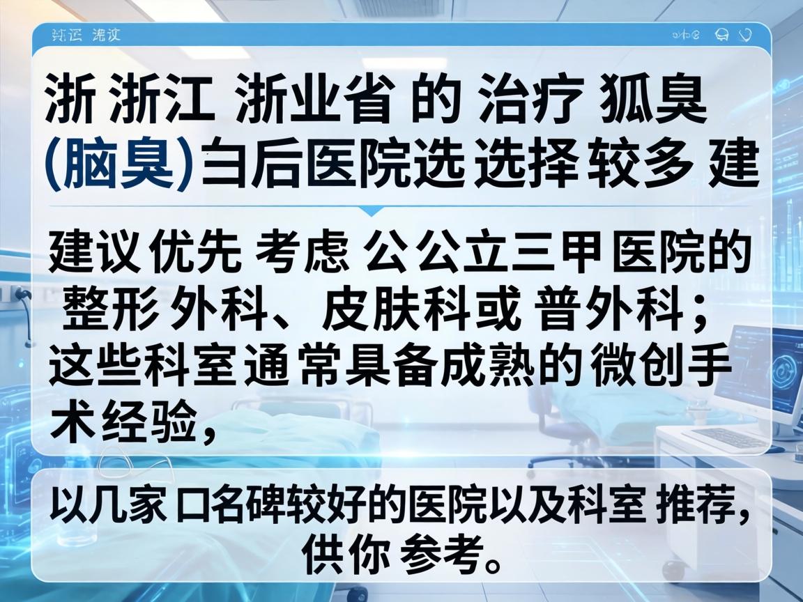 在浙江省，治疗狐臭（腋臭）的医院选择较多，建议优先考虑公立三甲医院的整形外科、皮肤科或普外科，这些科室通常具备成熟的微创手术经验。以下是几家口碑较好的医院及科室推荐，供你参考