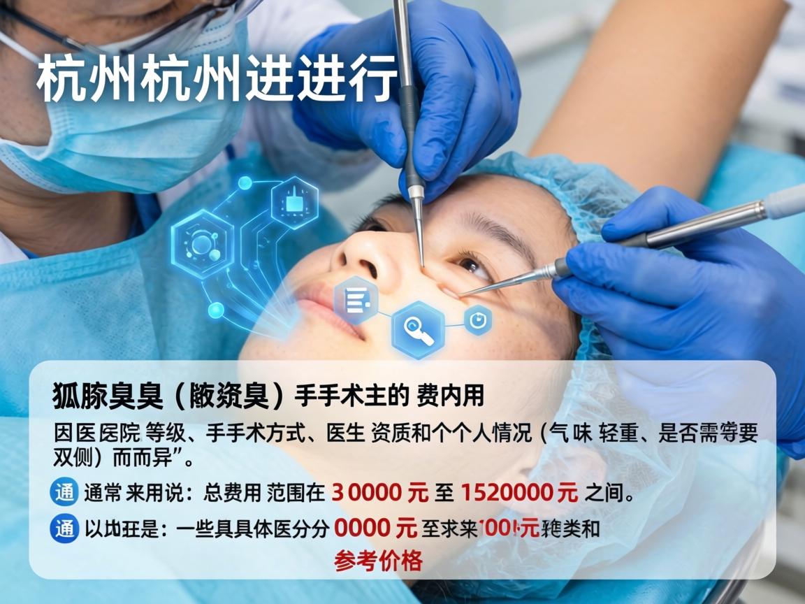 在杭州进行狐臭（腋臭）手术的费用因医院等级、手术方式、医生资质和个人情况（如气味轻重、是否需要双侧）而异。通常来说，总费用范围在 3000元 至 15000元 之间。以下是一些具体的分类和参考价格