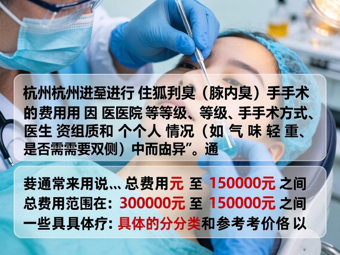 在杭州进行狐臭（腋臭）手术的费用因医院等级、手术方式、医生资质和个人情况（如气味轻重、是否需要双侧）而异。通常来说，总费用范围在 3000元 至 15000元 之间。以下是一些具体的分类和参考价格