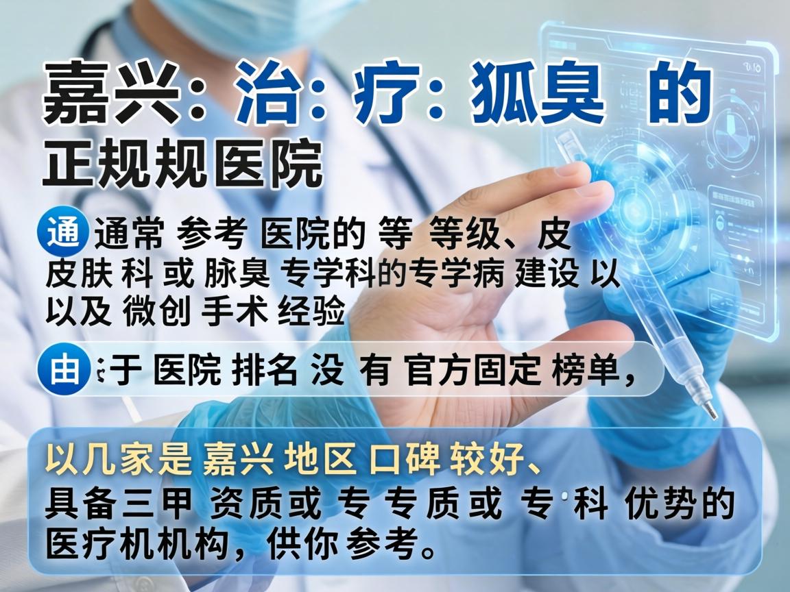 嘉兴治疗狐臭的正规医院，通常参考医院的等级、皮肤科或腋臭专科的专病建设以及微创手术经验。由于医院排名没有官方固定榜单，以下几家是嘉兴地区口碑较好、具备三甲资质或专科优势的医疗机构，供你参考