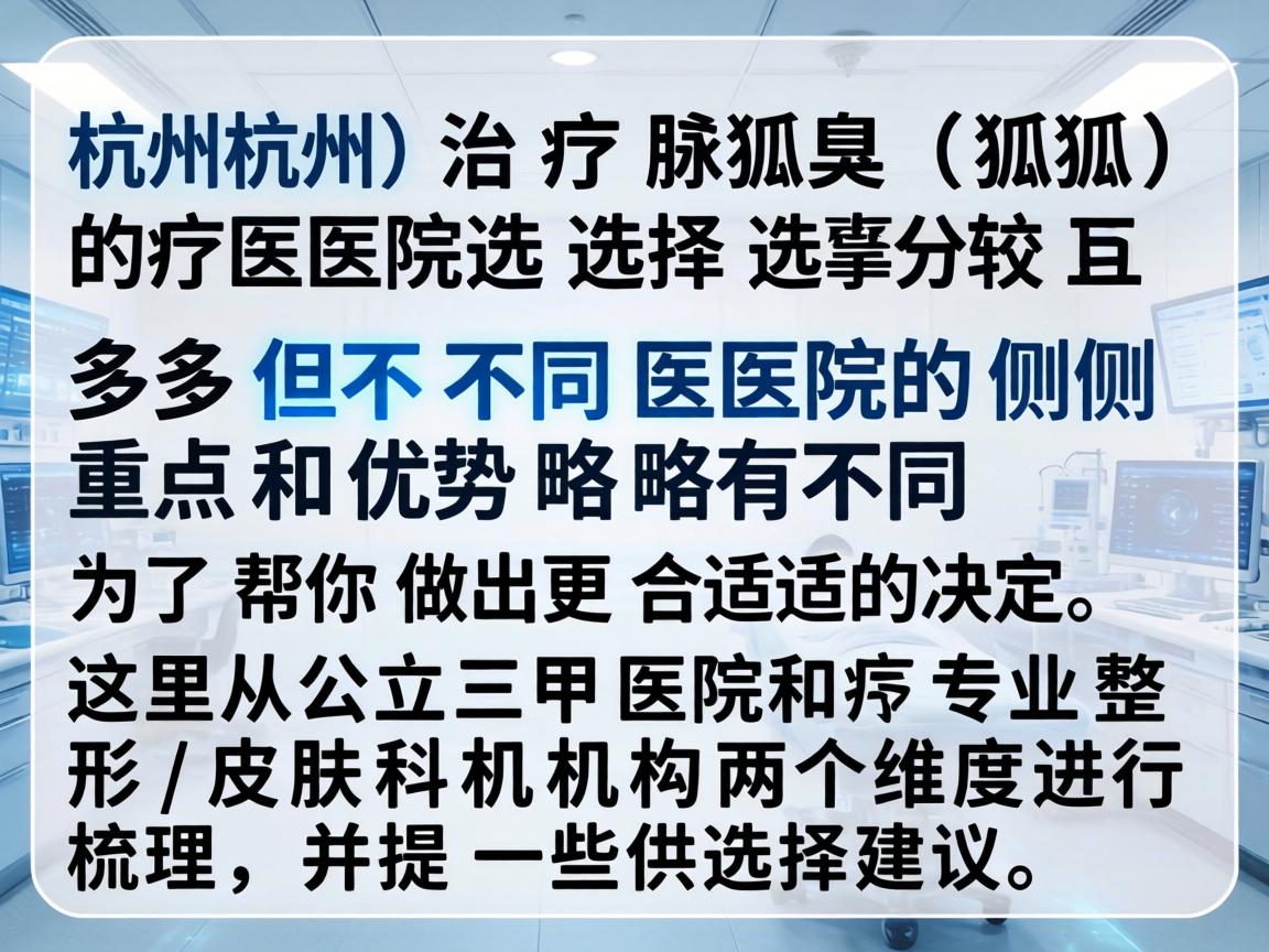 在杭州，治疗腋臭（狐臭）的医院选择较多，但不同医院的侧重点和优势略有不同。为了帮你做出更合适的决定，这里从公立三甲医院和专业整形/皮肤科机构两个维度进行梳理，并提供一些选择建议
