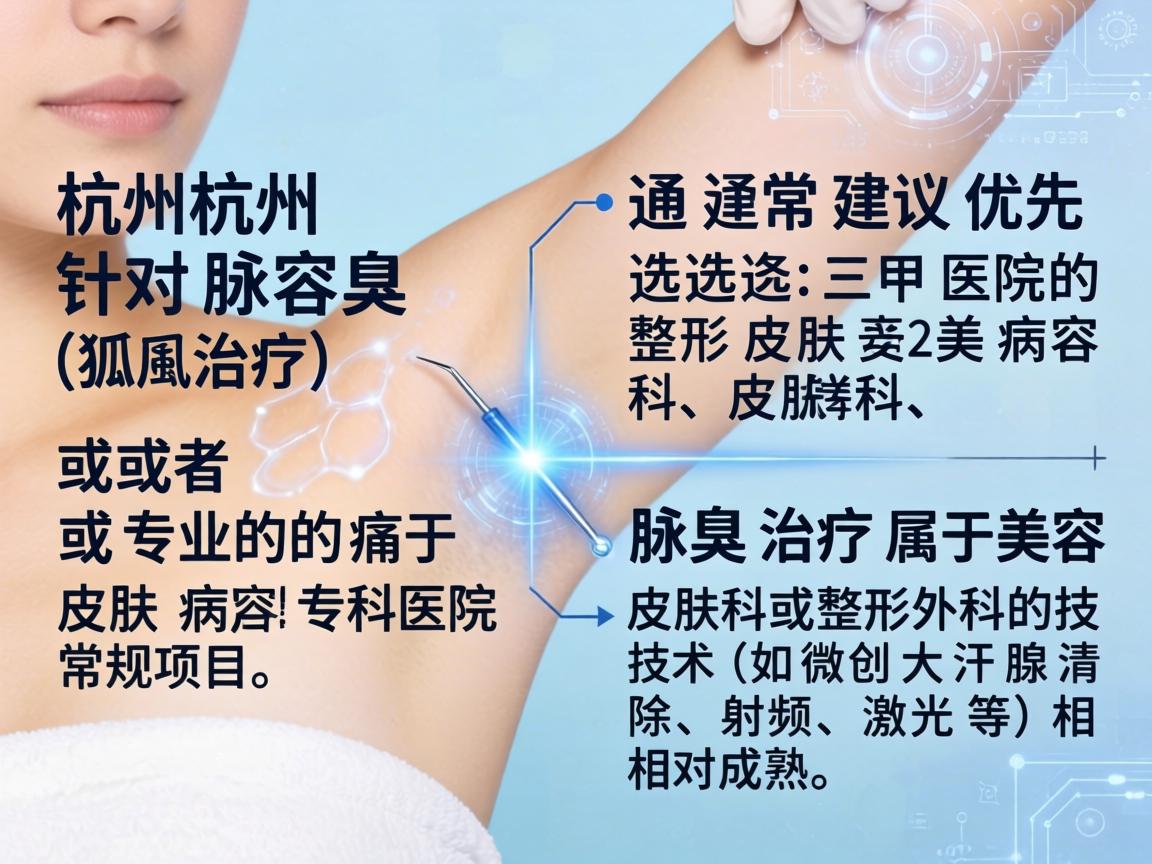 在杭州，针对腋臭（狐臭）的治疗，通常建议优先选择三甲医院的整形美容科、皮肤科，或者专业的皮肤病专科医院。腋臭治疗属于美容皮肤科或整形外科的常规项目，技术（如微创大汗腺清除、射频、激光等）相对成熟
