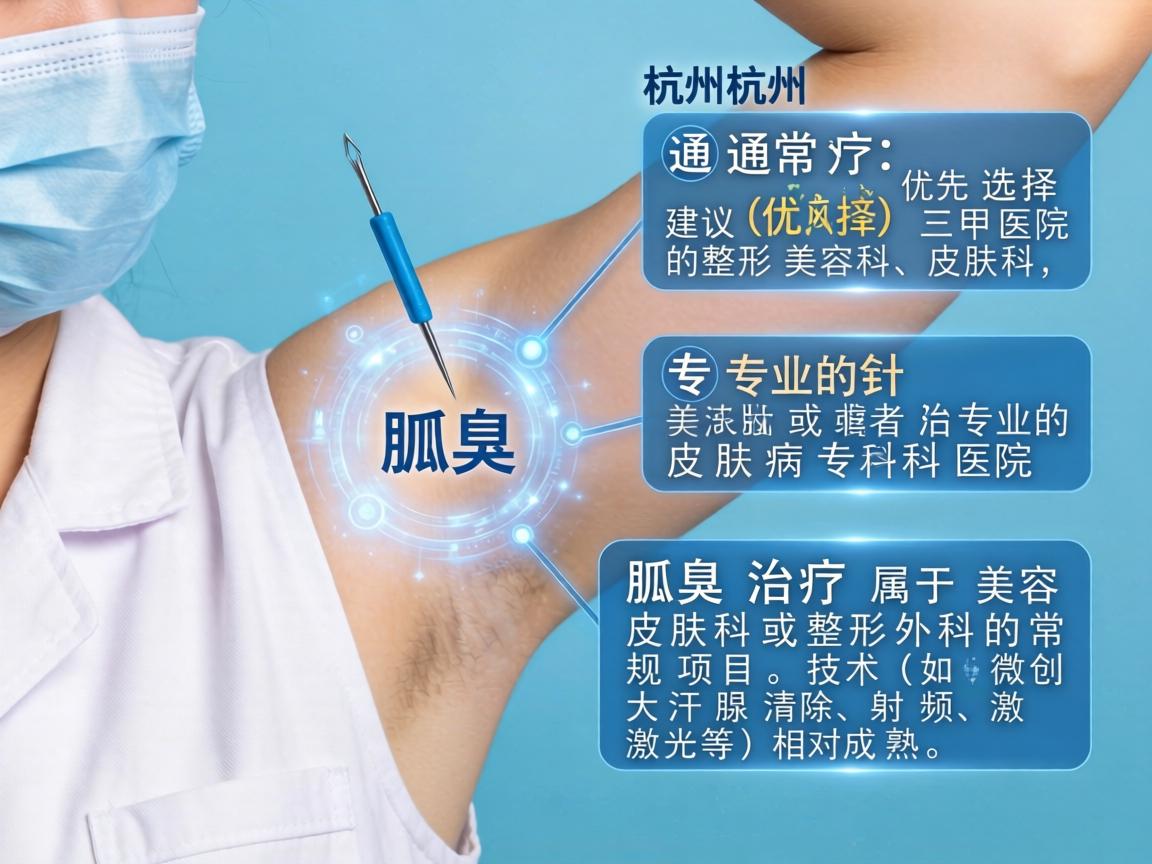 在杭州，针对腋臭（狐臭）的治疗，通常建议优先选择三甲医院的整形美容科、皮肤科，或者专业的皮肤病专科医院。腋臭治疗属于美容皮肤科或整形外科的常规项目，技术（如微创大汗腺清除、射频、激光等）相对成熟