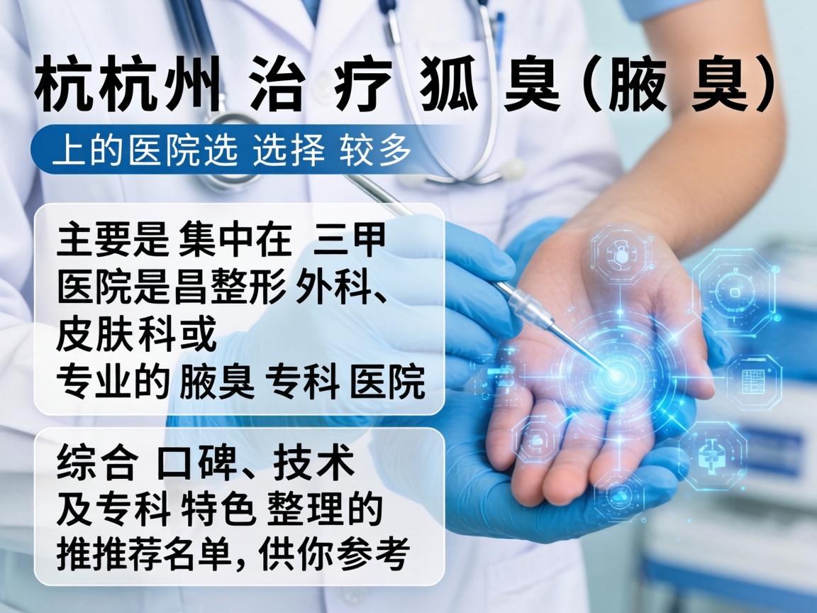 在杭州，治疗狐臭（腋臭）的医院选择较多，主要集中在三甲医院的整形外科、皮肤科或专业的腋臭专科医院。以下是综合口碑、技术及专科特色整理的推荐名单，供你参考