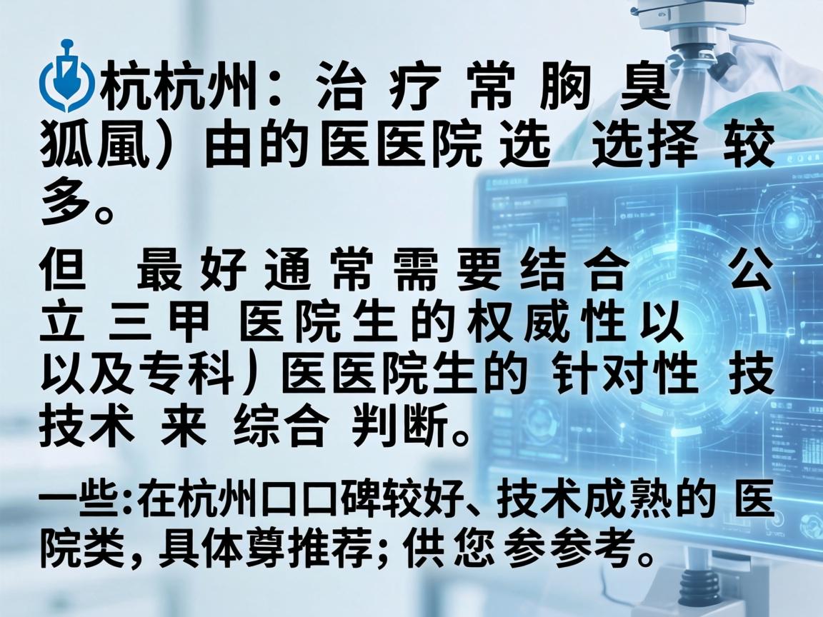 杭州治疗腋臭(狐臭)的医院选择较多,但最好通常需要结合公立三甲医院的权威性以及专科医院的针对性技术来综合判断。以下是一些在杭州口碑较好、技术成熟的医院类型和具体推荐,供您参考 杭州治疗腋臭(狐臭)的医院选择较多,但最好通常需要结合公立三甲医院的权威性以及专科医院的针对性技术来综合判断。以下是一些在杭州口碑较好、技术成熟的医院类型和具体推荐,供您参考