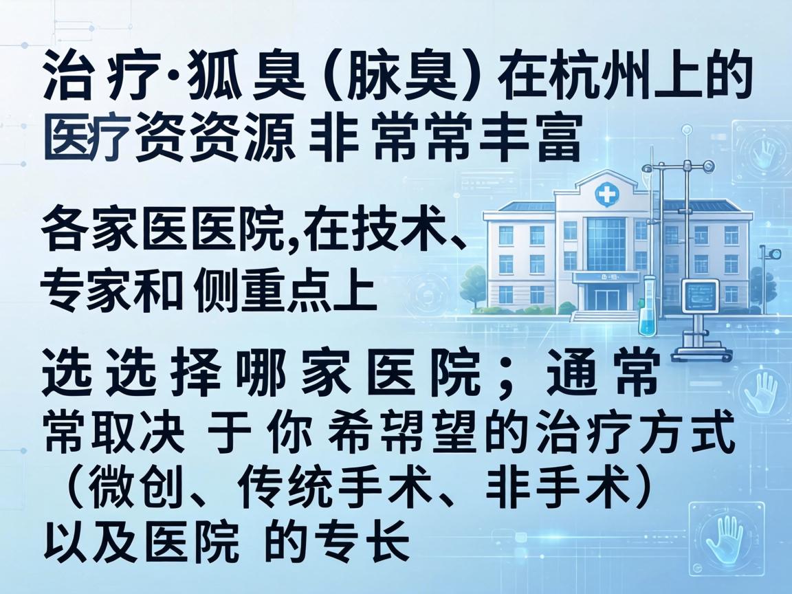 治疗狐臭(腋臭)在杭州的医疗资源非常丰富,各家医院在技术、专家和侧重点上有所不同。选择哪家医院,通常取决于你希望的治疗方式(微创、传统手术、非手术)以及医院的专长 治疗狐臭(腋臭)在杭州的医疗资源非常丰富,各家医院在技术、专家和侧重点上有所不同。选择哪家医院,通常取决于你希望的治疗方式(微创、传统手术、非手术)以及医院的专长
