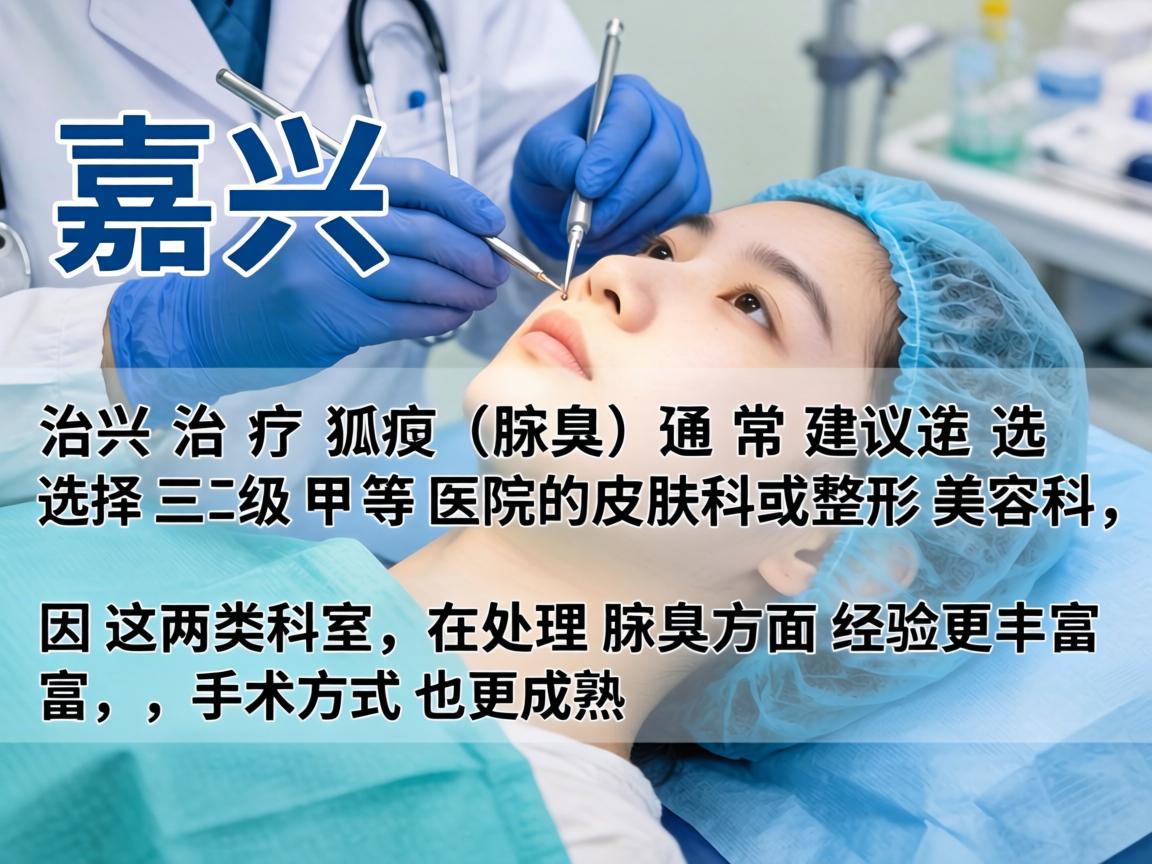 在嘉兴，治疗狐臭（腋臭）通常建议选择三级甲等医院的皮肤科或整形美容科，因为这两类科室在处理腋臭方面经验更丰富，手术方式也更成熟