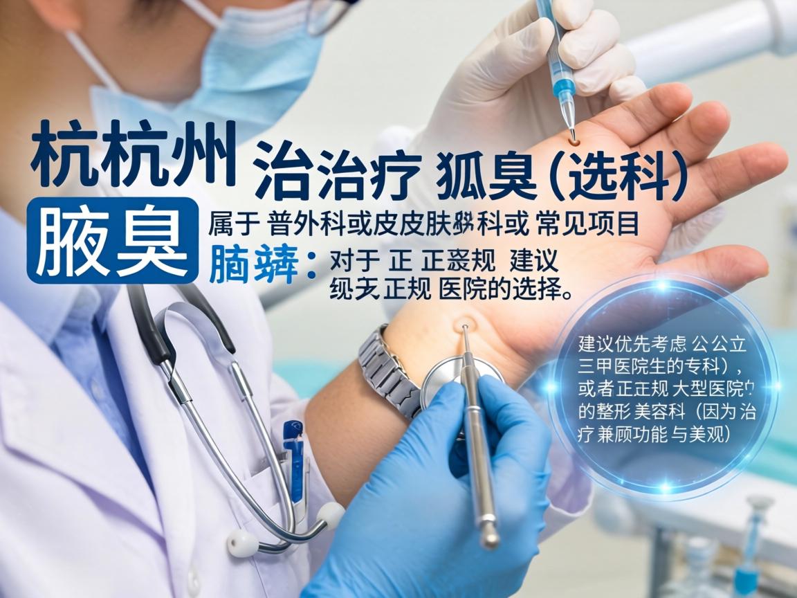在杭州,治疗狐臭(腋臭)属于普外科或皮肤科的常见项目。对于正规医院的选择,建议优先考虑公立三甲医院的专科,或者正规大型医院的整形美容科(因为治疗兼顾功能与美观) 在杭州,治疗狐臭(腋臭)属于普外科或皮肤科的常见项目。对于正规医院的选择,建议优先考虑公立三甲医院的专科,或者正规大型医院的整形美容科(因为治疗兼顾功能与美观)