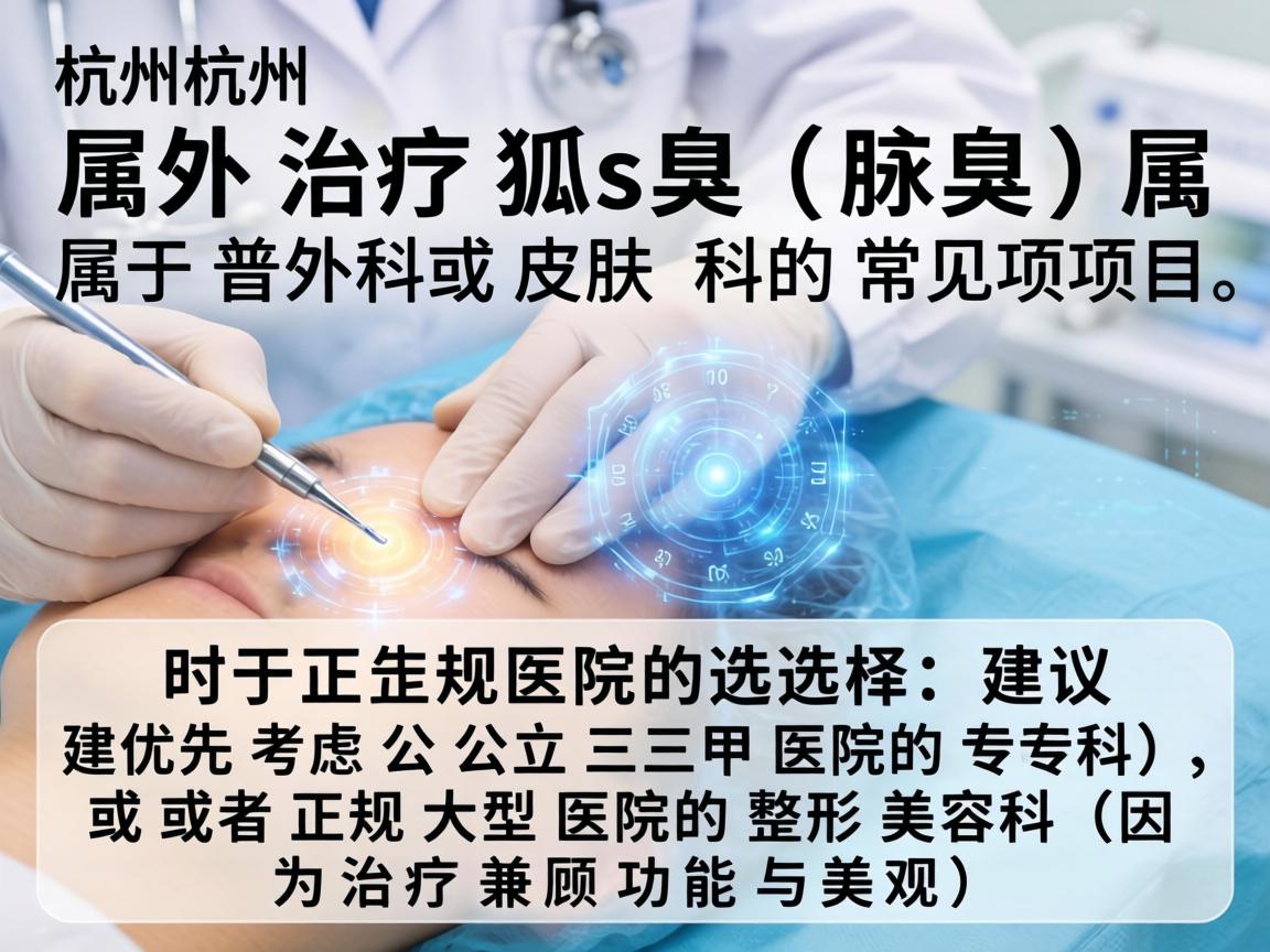 在杭州,治疗狐臭(腋臭)属于普外科或皮肤科的常见项目。对于正规医院的选择,建议优先考虑公立三甲医院的专科,或者正规大型医院的整形美容科(因为治疗兼顾功能与美观) 在杭州,治疗狐臭(腋臭)属于普外科或皮肤科的常见项目。对于正规医院的选择,建议优先考虑公立三甲医院的专科,或者正规大型医院的整形美容科(因为治疗兼顾功能与美观)