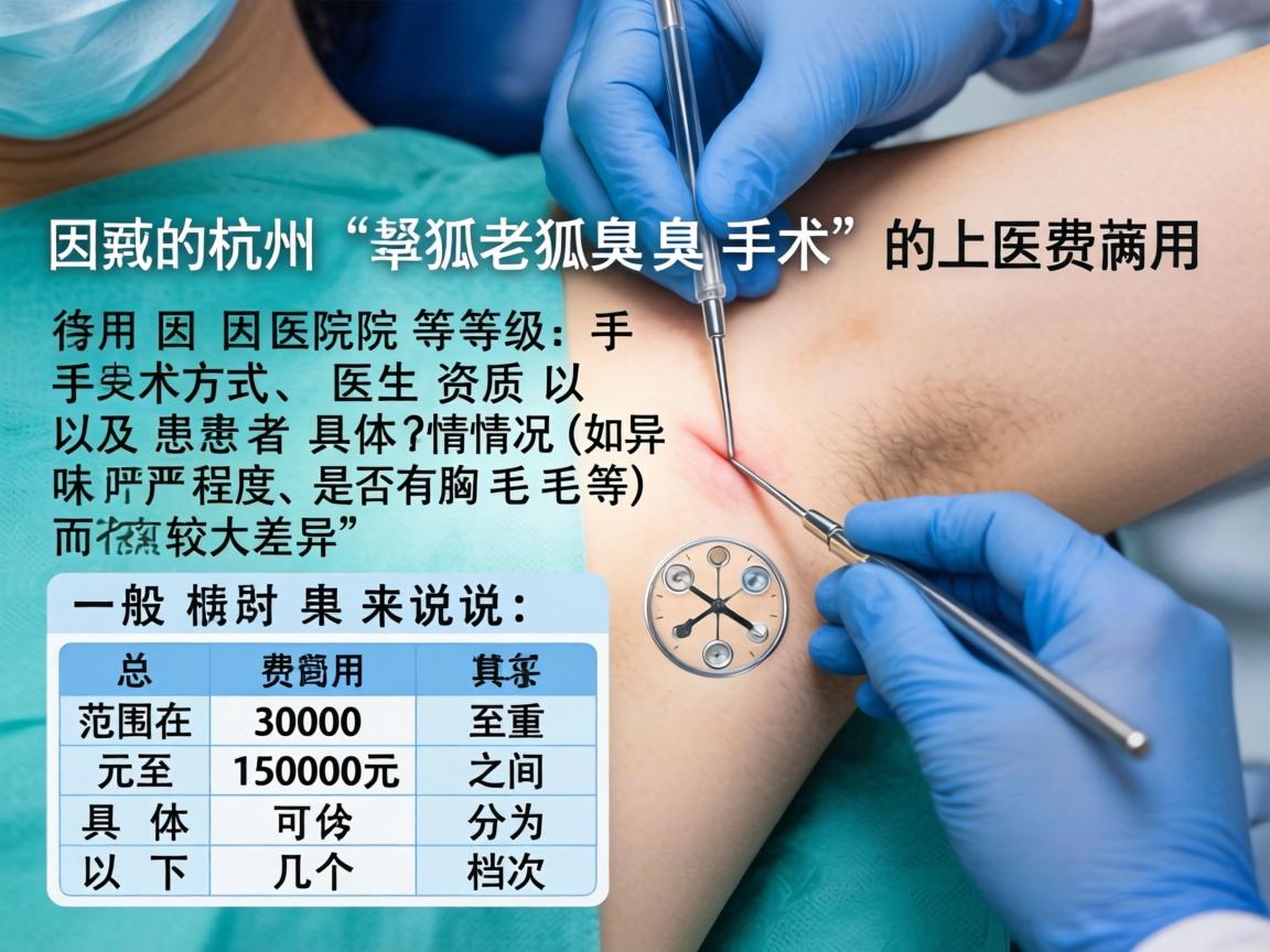在杭州，狐臭手术的费用因医院等级、手术方式、医生资质以及患者具体情况（如异味严重程度、是否有腋毛等）而有较大差异。一般来说，总费用范围在3000元至15000元之间，具体可分为以下几个档次