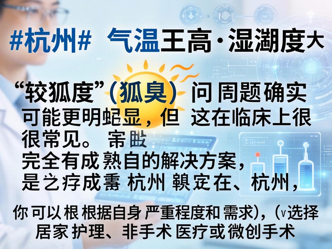 杭州气温较高、湿度大,狐臭(腋臭)问题确实可能更明显,但这在临床上很常见,完全有成熟的解决方案。在杭州,你可以根据自身严重程度和需求,选择居家护理、非手术医疗或微创手术 杭州气温较高、湿度大,狐臭(腋臭)问题确实可能更明显,但这在临床上很常见,完全有成熟的解决方案。在杭州,你可以根据自身严重程度和需求,选择居家护理、非手术医疗或微创手术