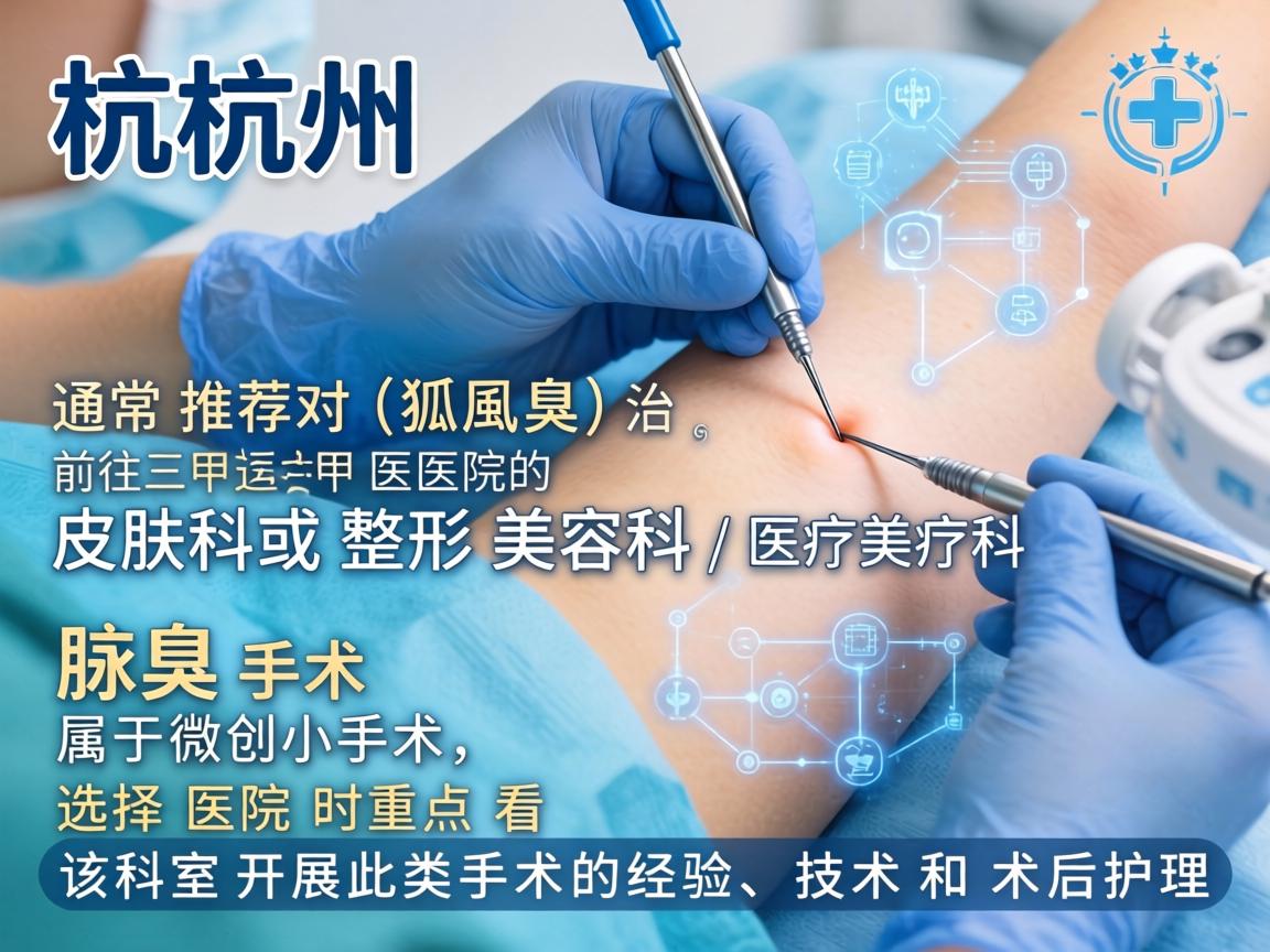 在杭州，针对腋臭（狐臭）的治疗，通常推荐前往三甲医院的皮肤科或整形美容科/医疗美容科。腋臭手术属于微创小手术，选择医院时重点看该科室开展此类手术的经验、技术和术后护理
