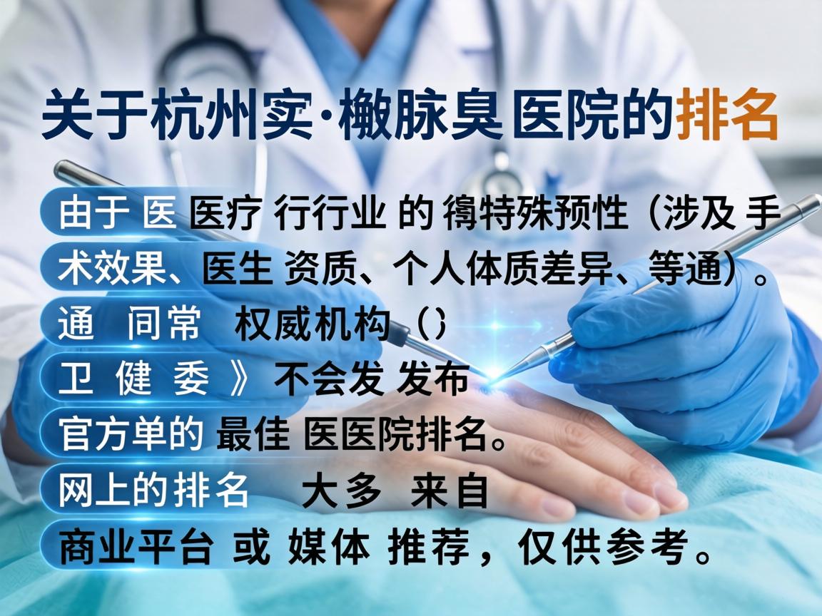 关于杭州腋臭医院的排名，由于医疗行业的特殊性（涉及手术效果、医生资质、个人体质差异等）通常权威机构（如卫健委）不会发布官方的最佳医院排名，网上的排名大多来自商业平台或媒体推荐，仅供参考