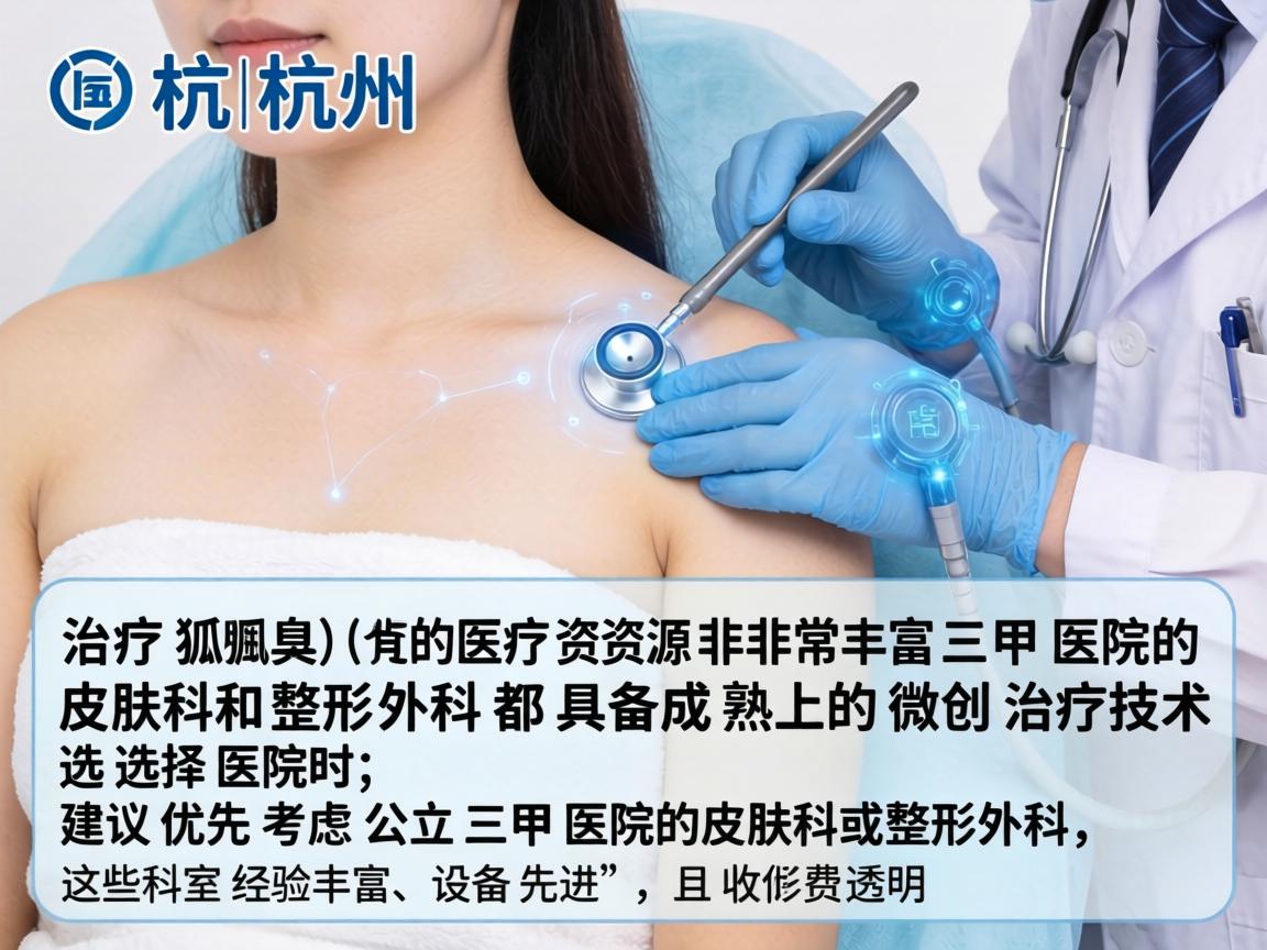 在杭州,治疗腋臭(狐臭)的医疗资源非常丰富,三甲医院的皮肤科和整形外科都具备成熟的微创治疗技术。选择医院时,建议优先考虑公立三甲医院的皮肤科或整形外科,这些科室经验丰富、设备先进,且收费透明 在杭州,治疗腋臭(狐臭)的医疗资源非常丰富,三甲医院的皮肤科和整形外科都具备成熟的微创治疗技术。选择医院时,建议优先考虑公立三甲医院的皮肤科或整形外科,这些科室经验丰富、设备先进,且收费透明