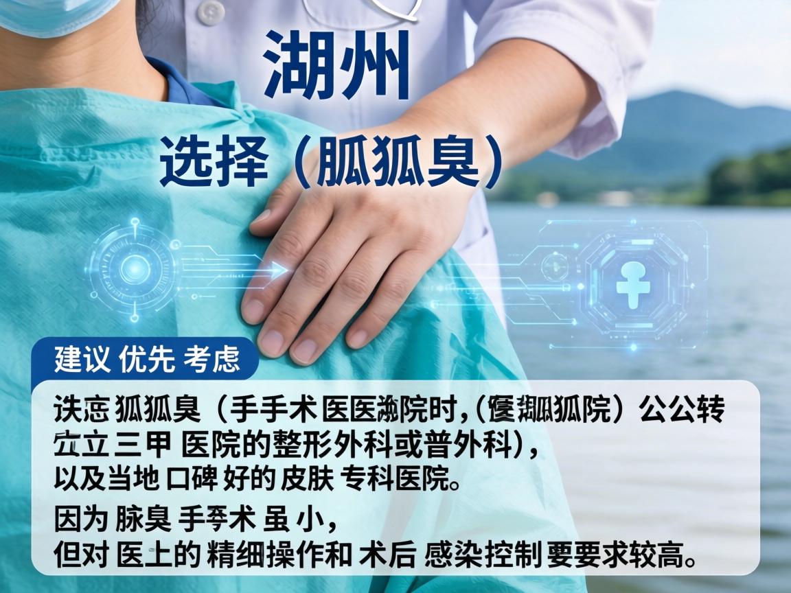 在湖州，选择腋臭（狐臭）手术医院时，建议优先考虑公立三甲医院的整形外科或普外科，以及当地口碑好的皮肤专科医院。因为腋臭手术虽小，但对医生的精细操作和术后感染控制要求较高