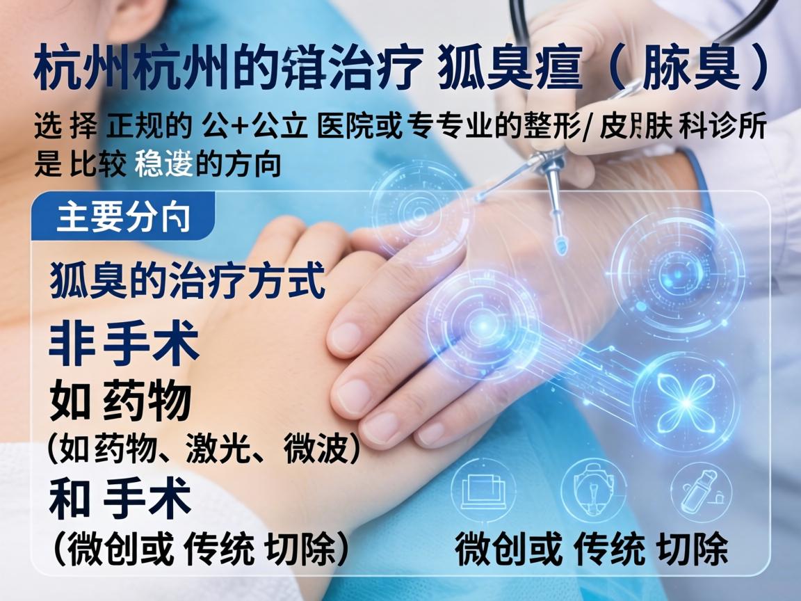 在杭州治疗狐臭（腋臭）选择正规的公立医院或专业的整形/皮肤科诊所是比较稳妥的方向。狐臭的治疗方式主要分为非手术（如药物、激光、微波）和手术（微创或传统切除）