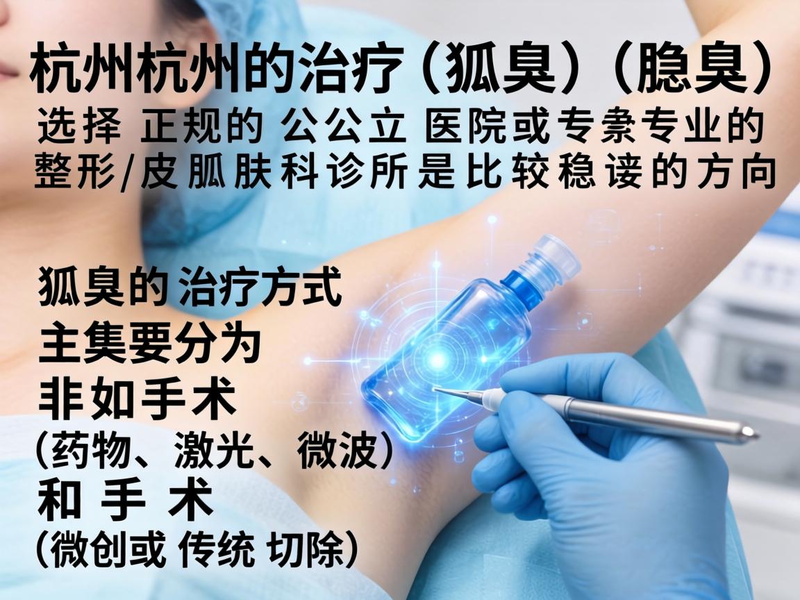 在杭州治疗狐臭（腋臭）选择正规的公立医院或专业的整形/皮肤科诊所是比较稳妥的方向。狐臭的治疗方式主要分为非手术（如药物、激光、微波）和手术（微创或传统切除）