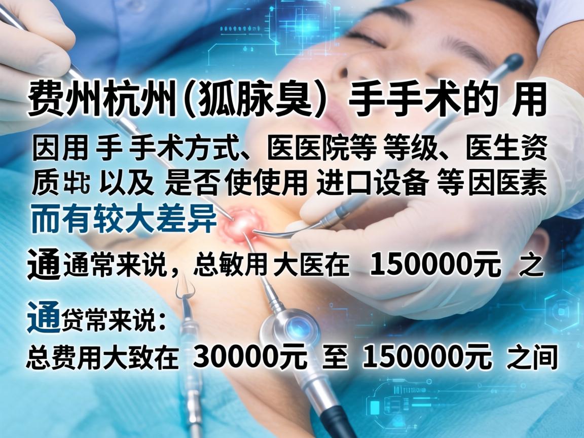 在杭州，狐臭（腋臭）手术的费用因手术方式、医院等级、医生资质以及是否使用进口设备等因素而有较大差异。通常来说，总费用大致在 3000元 至 15000元 之间