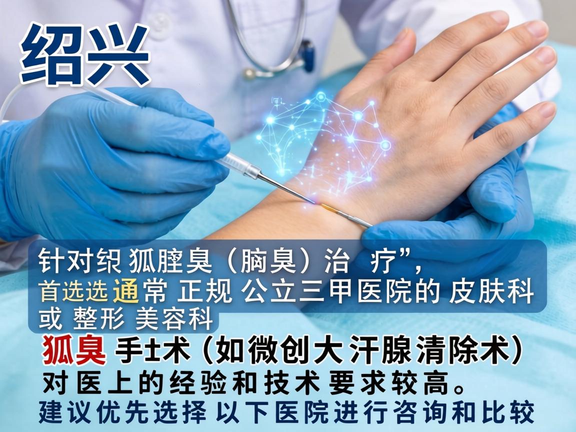 在绍兴，针对狐臭（腋臭）的治疗，首选通常是正规公立三甲医院的皮肤科或整形美容科。狐臭手术（如微创大汗腺清除术）对医生的经验和技术要求较高，建议优先选择以下医院进行咨询和比较