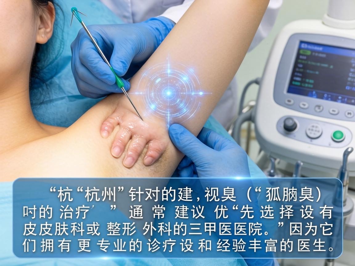 在杭州，针对腋臭（狐臭）的治疗，通常建议优先选择设有皮肤科或整形外科的三甲医院，因为它们拥有更专业的诊疗设备和经验丰富的医生
