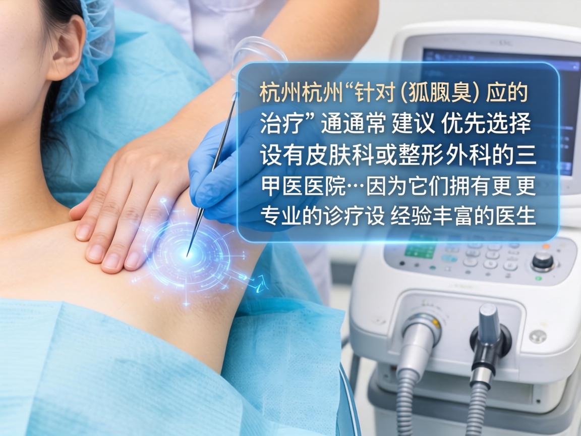 在杭州，针对腋臭（狐臭）的治疗，通常建议优先选择设有皮肤科或整形外科的三甲医院，因为它们拥有更专业的诊疗设备和经验丰富的医生