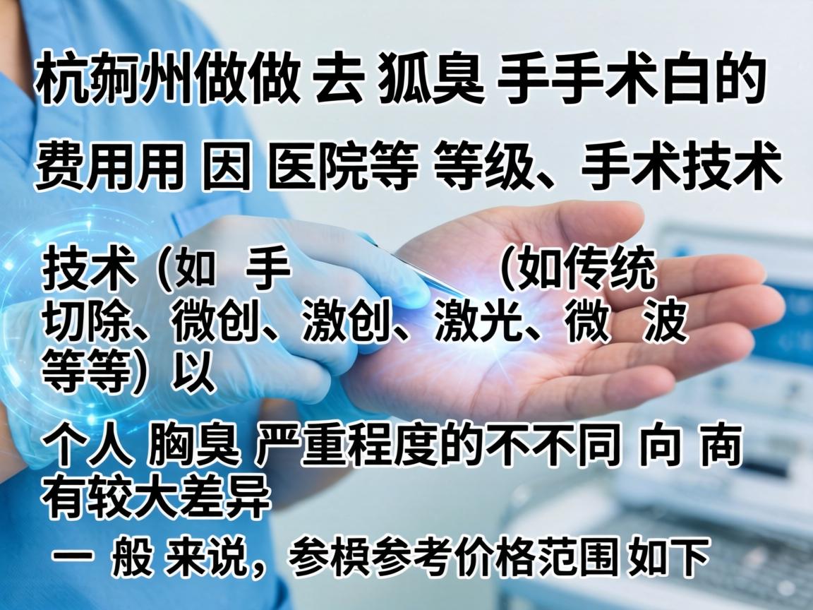 在杭州，做去狐臭手术的费用因医院等级、手术技术（如传统切除、微创、激光、微波等）以及个人腋臭严重程度的不同而有较大差异。一般来说，参考价格范围如下