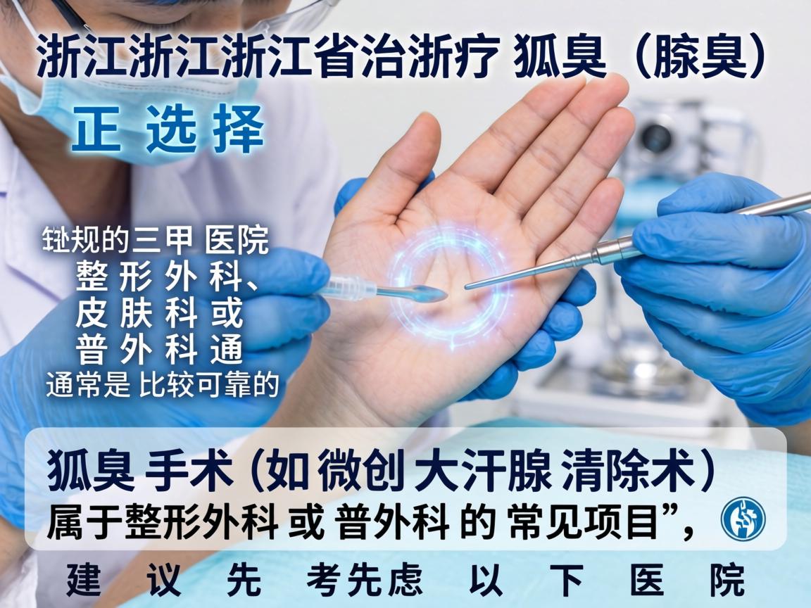 在浙江省,治疗狐臭(腋臭)选择正规的三甲医院整形外科、皮肤科或普外科通常是比较可靠的。狐臭手术(如微创大汗腺清除术)属于整形外科或普外科的常见项目,建议优先考虑以下医院 在浙江省,治疗狐臭(腋臭)选择正规的三甲医院整形外科、皮肤科或普外科通常是比较可靠的。狐臭手术(如微创大汗腺清除术)属于整形外科或普外科的常见项目,建议优先考虑以下医院