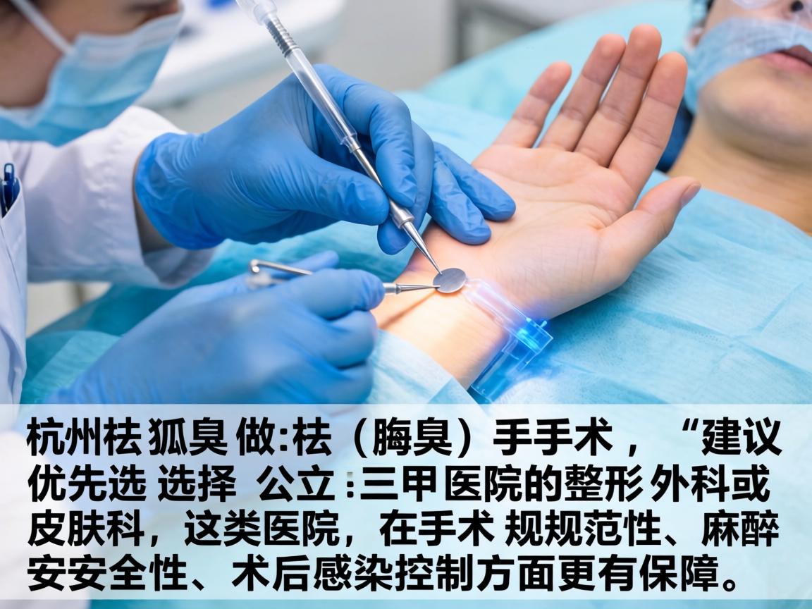 在杭州，做祛狐臭（腋臭）手术，建议优先选择公立三甲医院的整形外科或皮肤科，这类医院在手术规范性、麻醉安全性和术后感染控制方面更有保障