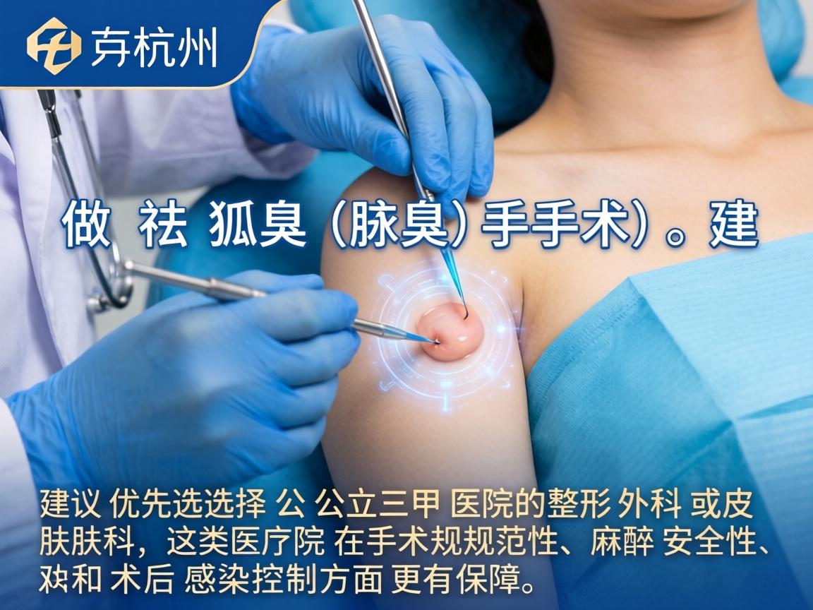 在杭州，做祛狐臭（腋臭）手术，建议优先选择公立三甲医院的整形外科或皮肤科，这类医院在手术规范性、麻醉安全性和术后感染控制方面更有保障