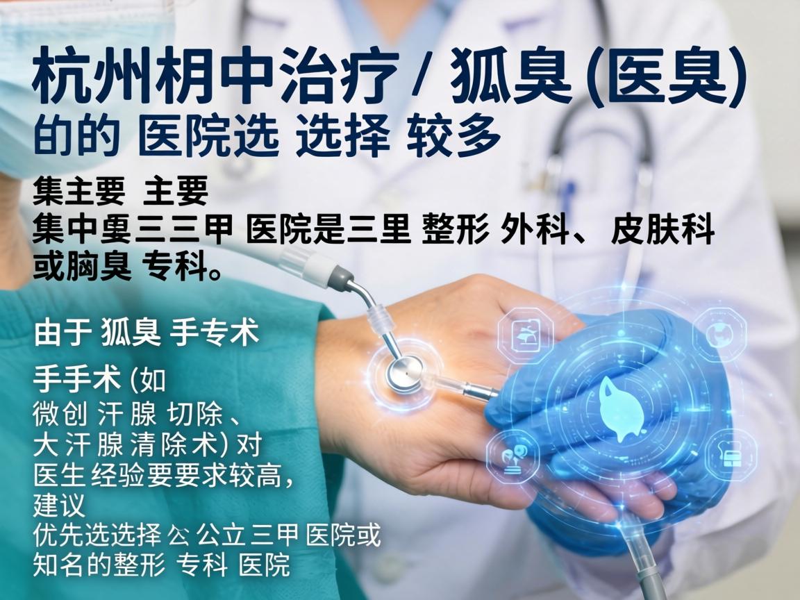 杭州治疗狐臭（腋臭）的医院选择较多，主要集中在三甲医院的整形外科、皮肤科或腋臭专科。由于狐臭手术（如微创汗腺切除、大汗腺清除术）对医生经验要求较高，建议优先选择公立三甲医院或知名的整形专科医院