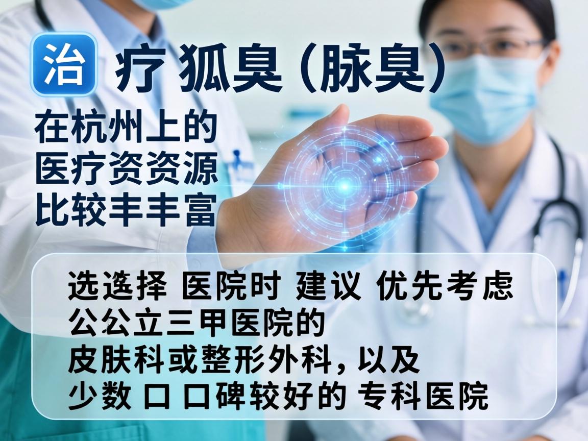 治疗狐臭（腋臭）在杭州的医疗资源比较丰富，选择医院时建议优先考虑公立三甲医院的皮肤科或整形外科，以及少数口碑较好的专科医院