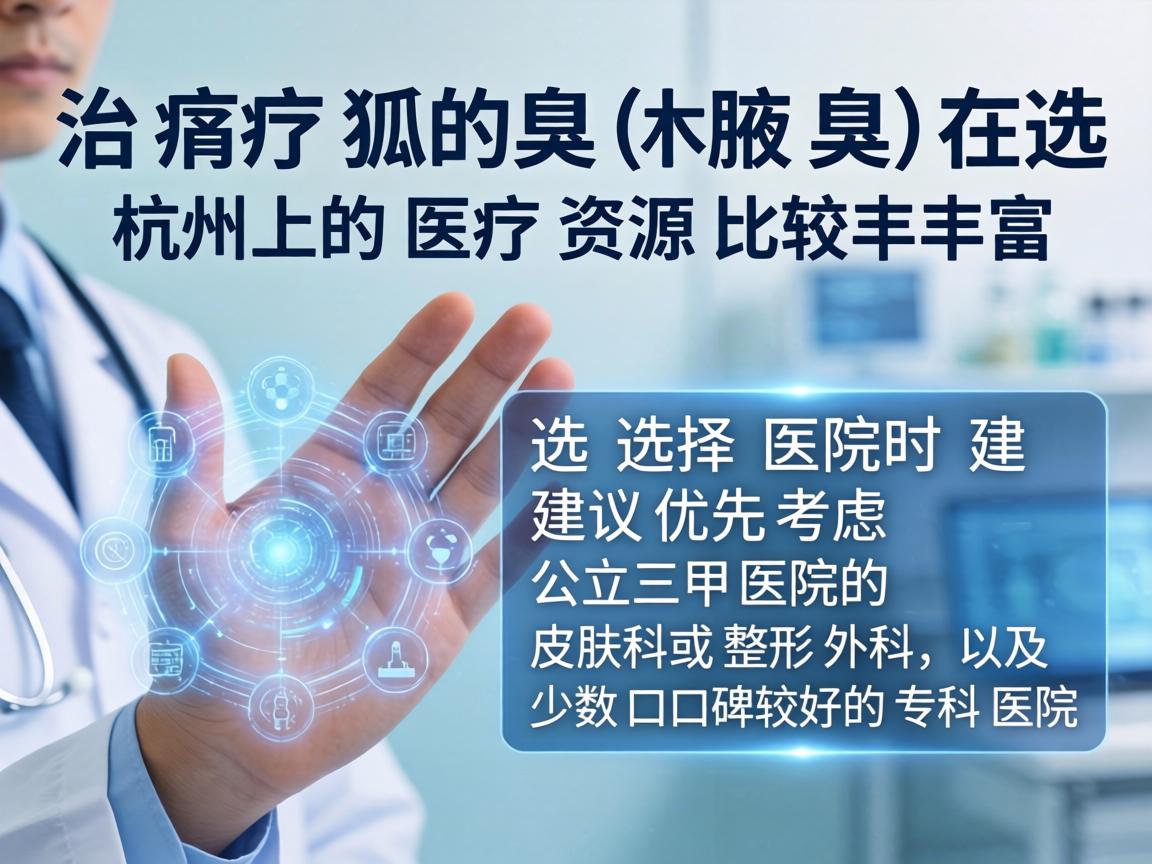 治疗狐臭（腋臭）在杭州的医疗资源比较丰富，选择医院时建议优先考虑公立三甲医院的皮肤科或整形外科，以及少数口碑较好的专科医院