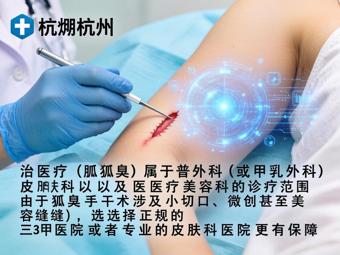 在杭州，治疗狐臭（腋臭）属于普外科（或甲乳外科）皮肤科以及医疗美容科的诊疗范围。由于狐臭手术涉及小切口、微创甚至美容缝合，选择正规的三甲医院或者专业的皮肤科医院更有保障