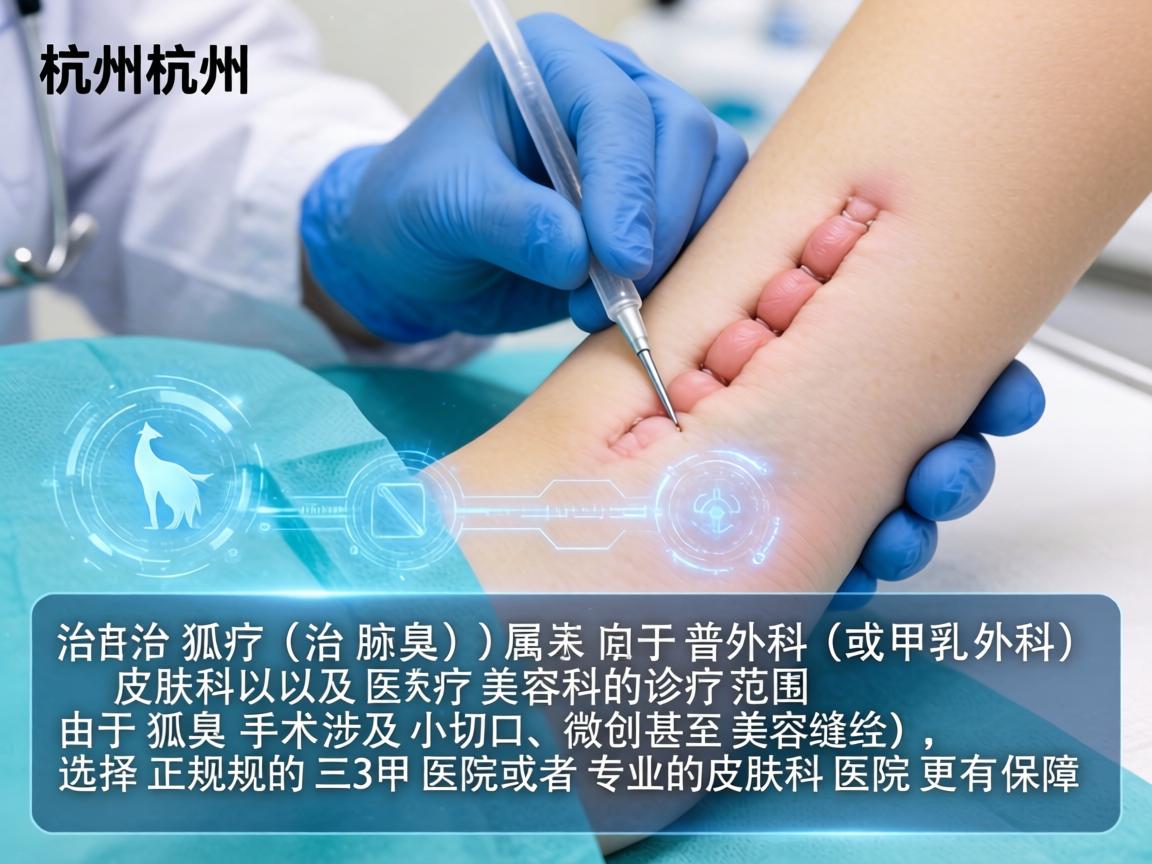 在杭州，治疗狐臭（腋臭）属于普外科（或甲乳外科）皮肤科以及医疗美容科的诊疗范围。由于狐臭手术涉及小切口、微创甚至美容缝合，选择正规的三甲医院或者专业的皮肤科医院更有保障