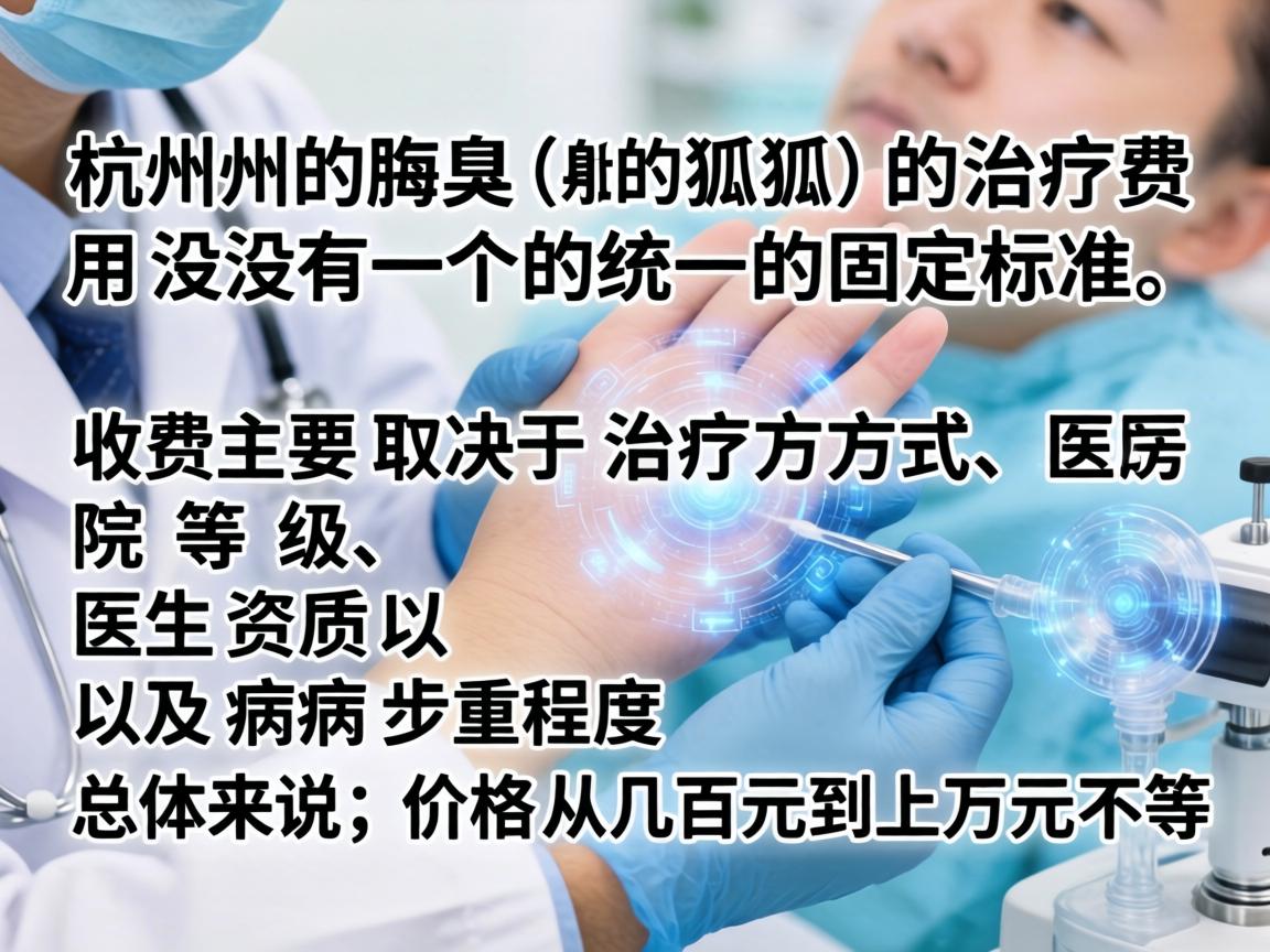 在杭州，腋臭（狐臭）的治疗费用没有一个统一的固定标准，收费主要取决于治疗方式、医院等级、医生资质以及病情严重程度。总体来说，价格从几百元到上万元不等
