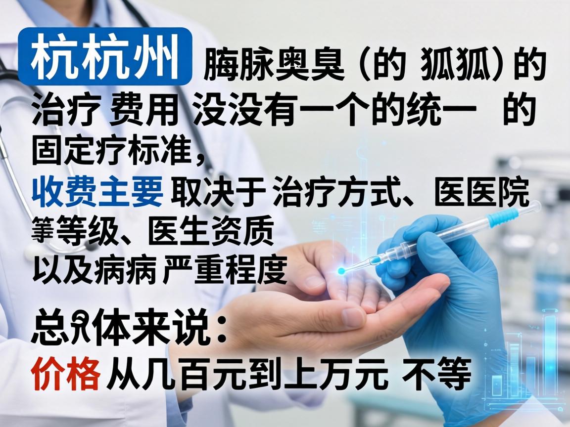 在杭州，腋臭（狐臭）的治疗费用没有一个统一的固定标准，收费主要取决于治疗方式、医院等级、医生资质以及病情严重程度。总体来说，价格从几百元到上万元不等