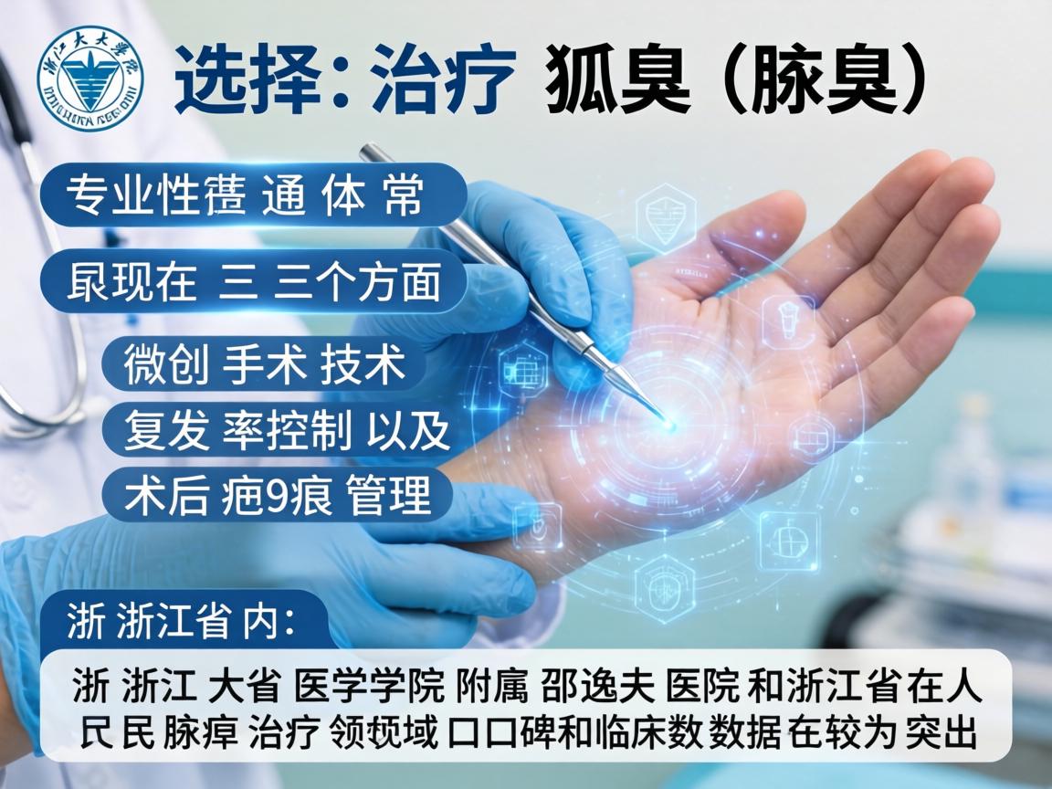 在选择治疗狐臭（腋臭）的医院时，专业性通常体现在三个方面，微创手术技术、复发率控制以及术后疤痕管理。浙江省内，浙江大学医学院附属邵逸夫医院和浙江省人民医院在腋臭治疗领域口碑和临床数据较为突出