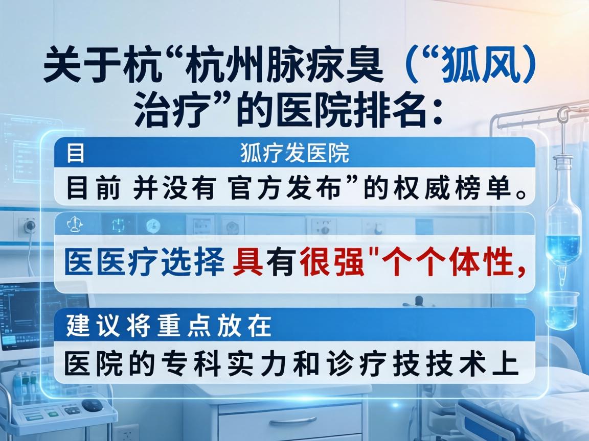 关于杭州腋臭（狐臭）治疗的医院排名，目前并没有官方发布的权威榜单。医疗选择具有很强的个体性，建议将重点放在医院的专科实力和诊疗技术上