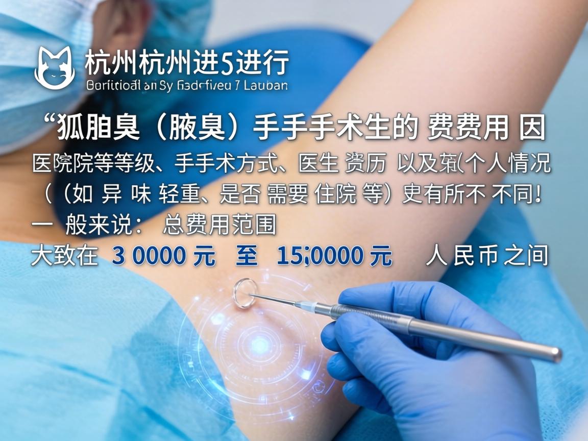 在杭州进行狐臭（腋臭）手术的费用因医院等级、手术方式、医生资历以及个人情况（如异味轻重、是否需要住院等）而有所不同。一般来说，总费用范围大致在 3000元 至 15000元 人民币之间